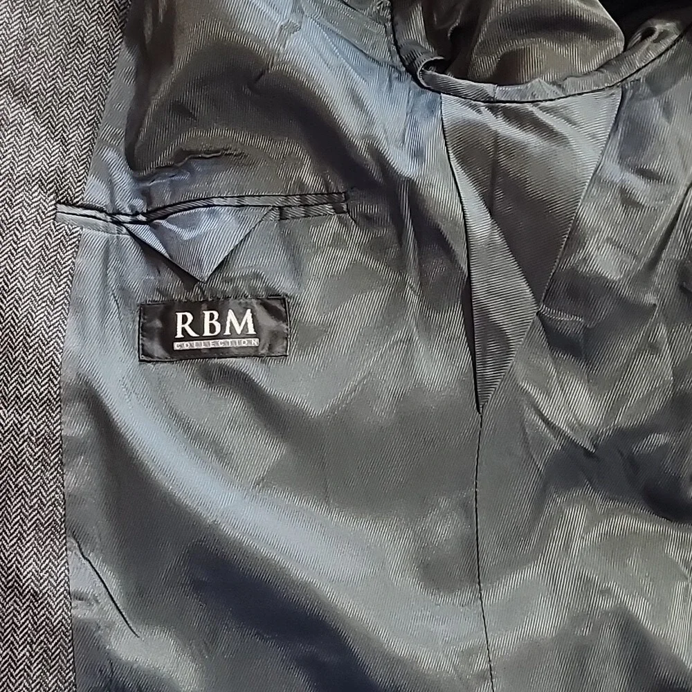 RBM Collection Mens 44R Grey Herringbone 100% Pure New Wool 2 Button Blazer Coat